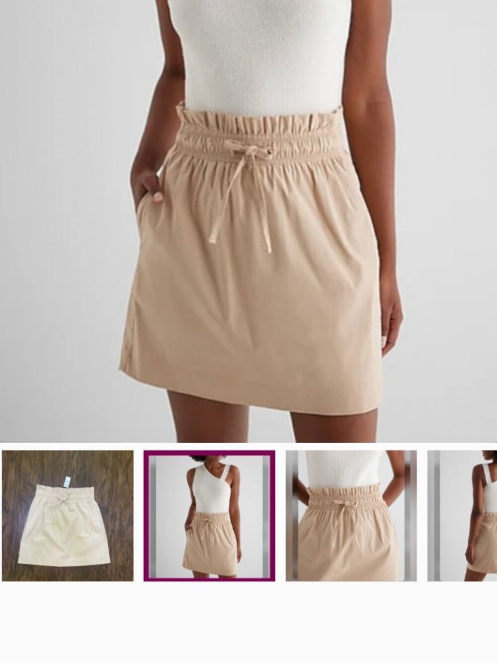 Express Women’s Size 14 Smocked Waste Drawstring Paperbag Mini Skirt Tan Slinky